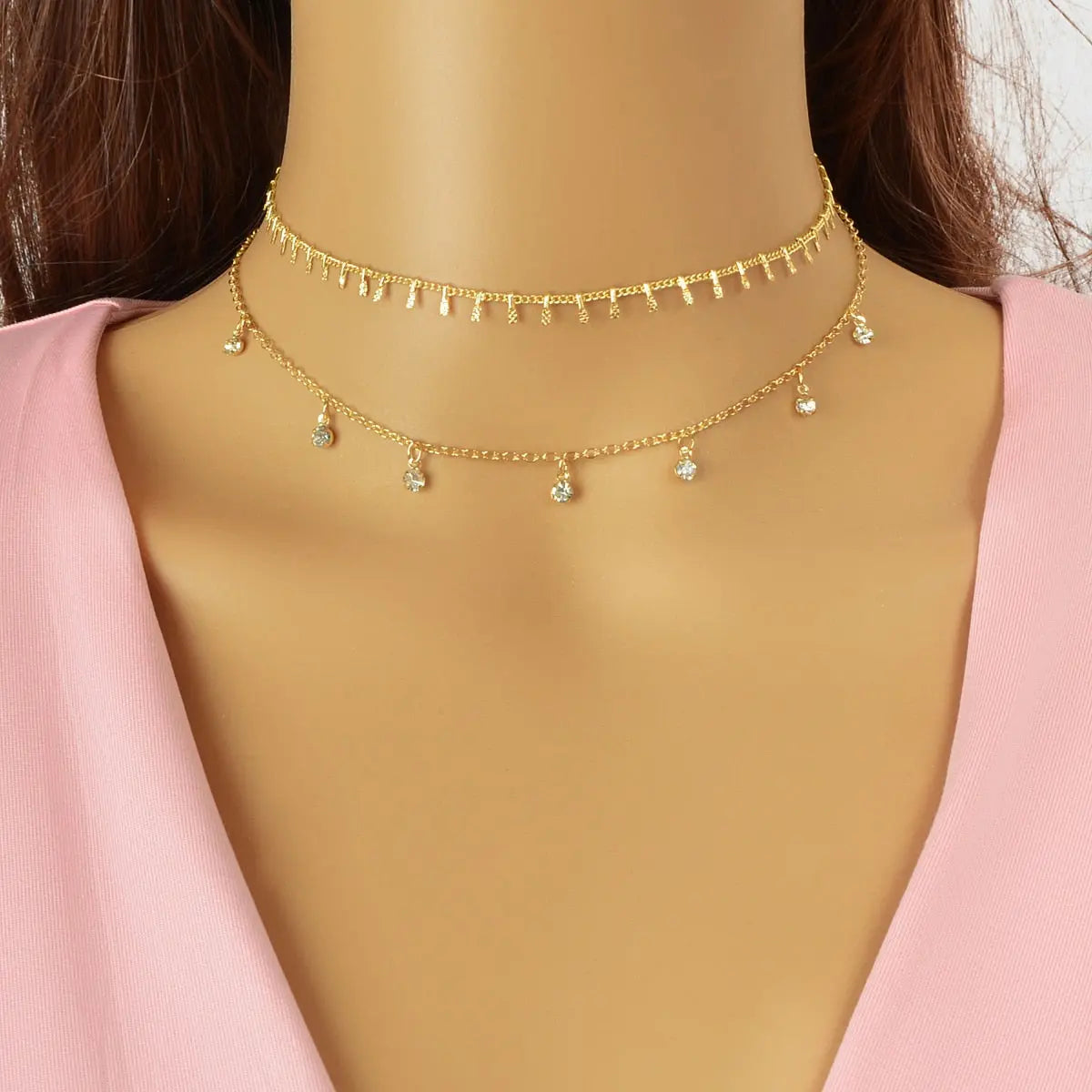 2 pcs Rhinestone Charm Layering Chain Necklace Personalized Women Choker Feelontop Jewellery