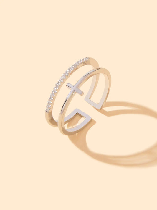 Designer Stylish Rhinestone Decor Silver Hollow out Cross Open Cuff Finger Ring Feelontop Jewellery