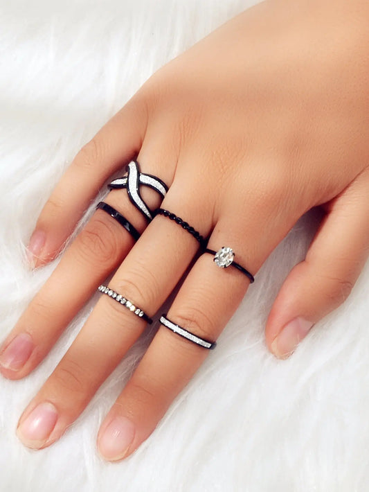 6pcs Stackable Rhinestone Black Midi Finger Knuckle Rings set Wedding Party Wear Feelontop Jewellery