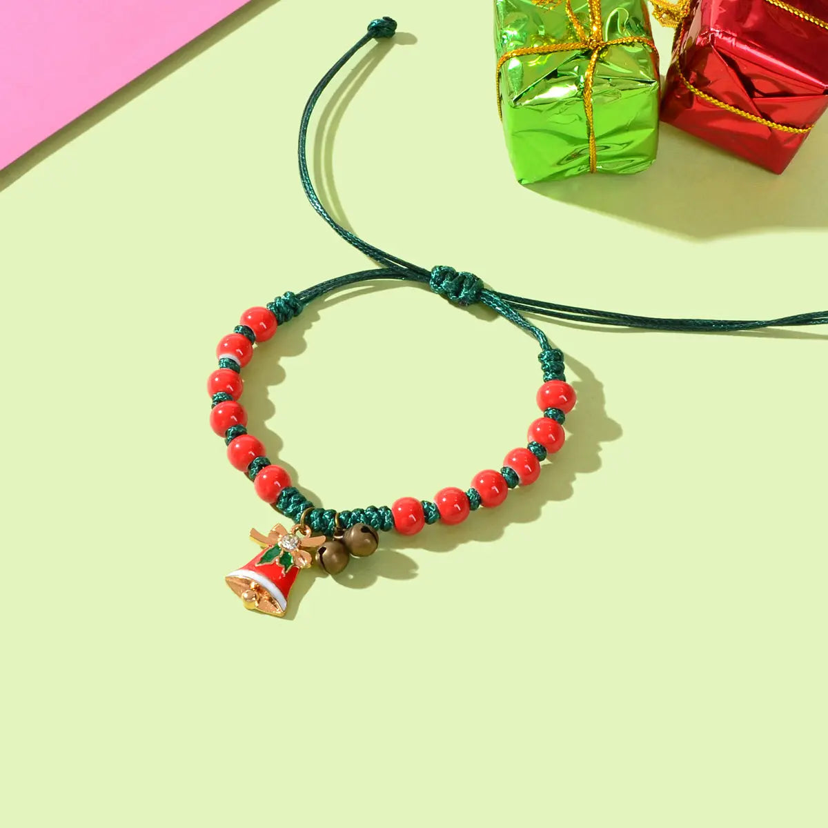 Xmas Gift Jewellery Green Braided Rope Red Beaded Bell Charm Adjustable Bracelet Feelontop Jewellery