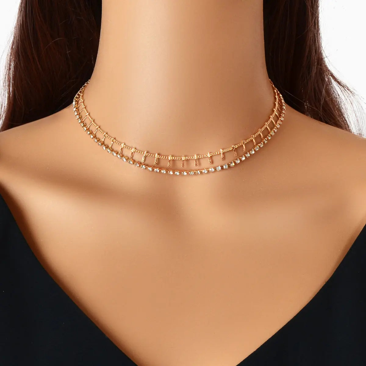 Gold Layered Initial Necklaces Women Rhinestone Decoration Double Chain Choker Feelontop Jewellery