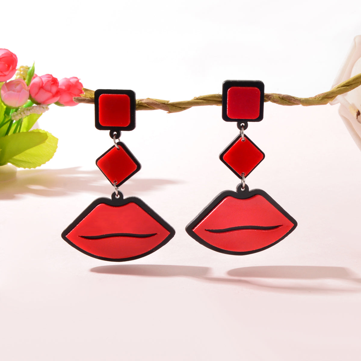 Playful Red Lips Pendant Long Stud Earrings Teenager's Expressive Fun Jewellery Feelontop Jewellery
