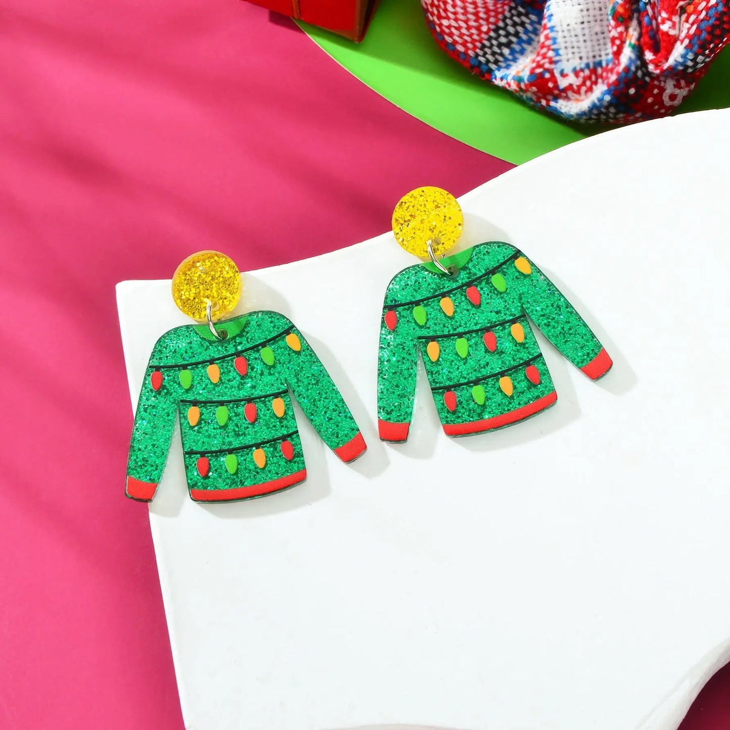 Christmas Festival Jewelry Colored Lights Decor Green Clothes Acrylic Earrings Feelontop Jewellery