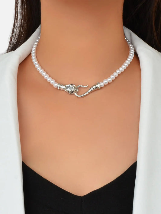 Punk Retro Pearl Beads Chain Gold Silver Snake Short Clavicle Statement Necklace Feelontop Jewellery