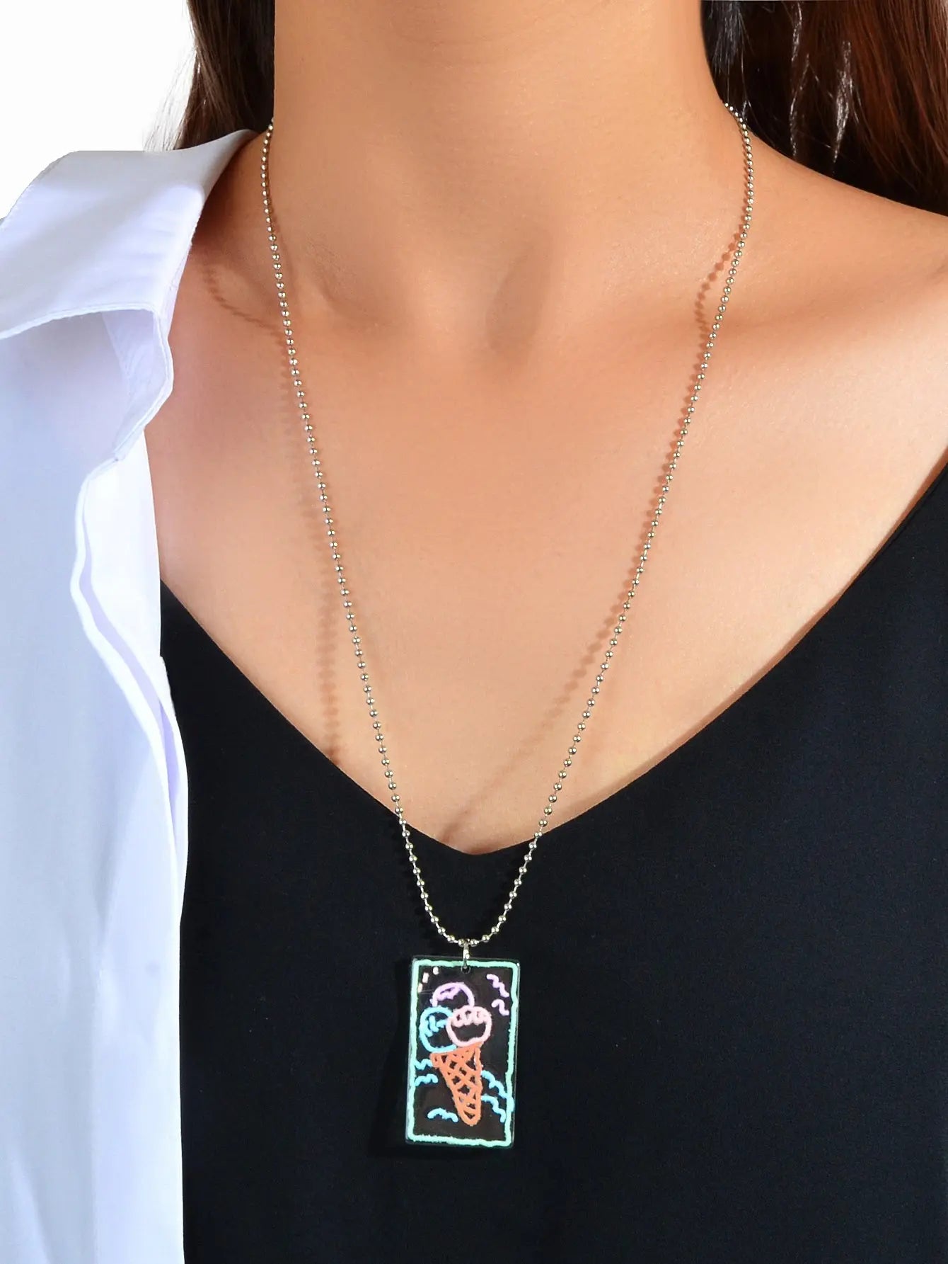 Long Silver Chain Resin Ice Cream Square Charm Necklace Best Friends Funny Gift Feelontop Jewellery