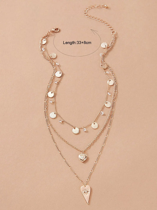 Stylish Triple-Layered Round Disc Heart Pendant Necklace Girls Unique Jewellery Feelontop Jewellery