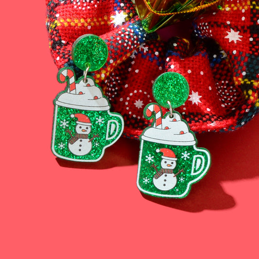 Christmas Sparkling Snowman Candy Cane Pattern Green Ice Cream Cup Earrings Gift Feelontop Jewellery