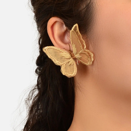 Exquisite Boho Holiday Handmade Khaki Embroidery 3D Butterly Stud Earrings Gift Feelontop Jewellery