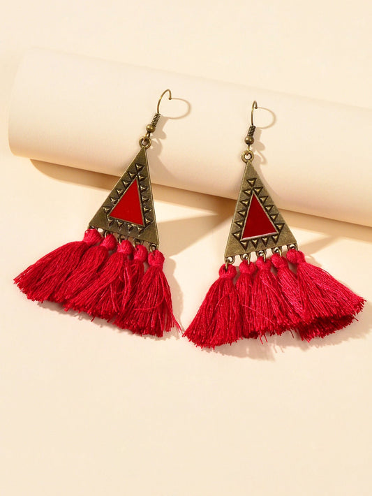 American Jewellery Ethnic Antique Gold Triangle Winered Tassel Bohemian Earrings Feelontop Jewellery