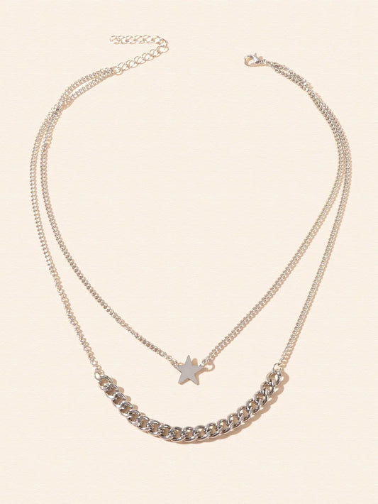 Punk Rock Double layer Silver Chain Star Charm Necklace Women Party Jewellery Feelontop Jewellery