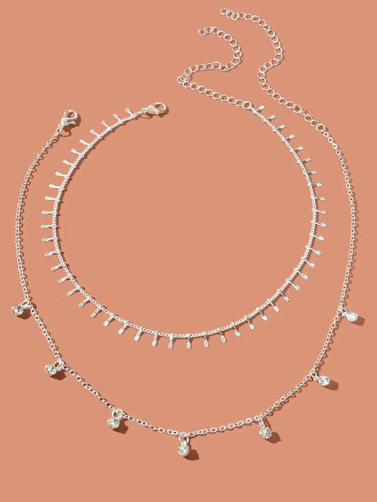 2 pcs Rhinestone Charm Layering Chain Necklace Personalized Women Choker Feelontop Jewellery