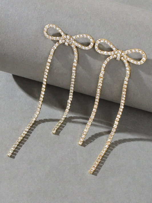 Clear Rhinestone Crystal Tassel Sparkle Bow Tie Dangle Bridal Wedding Earrings Feelontop Jewellery