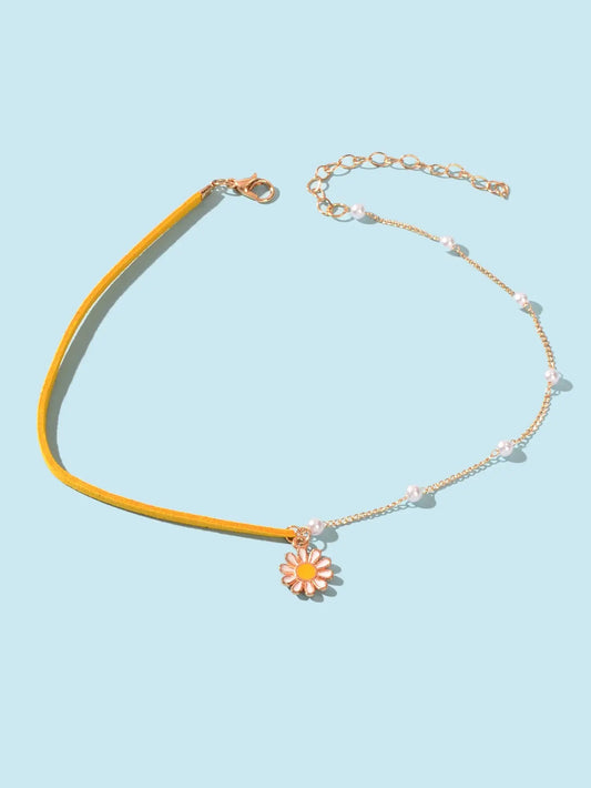 Boho Yellow Pearl Decoration Multiple Chain Exquisite Flower Pendant Necklace Feelontop Jewellery