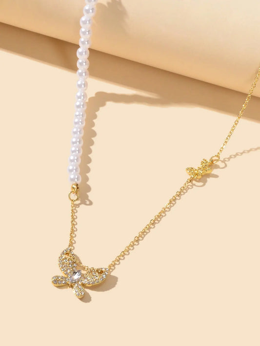 Textured Engagement Gift Jewelry Pearl Beads Chain Rhinestone Butterfly Necklace Feelontop Jewellery