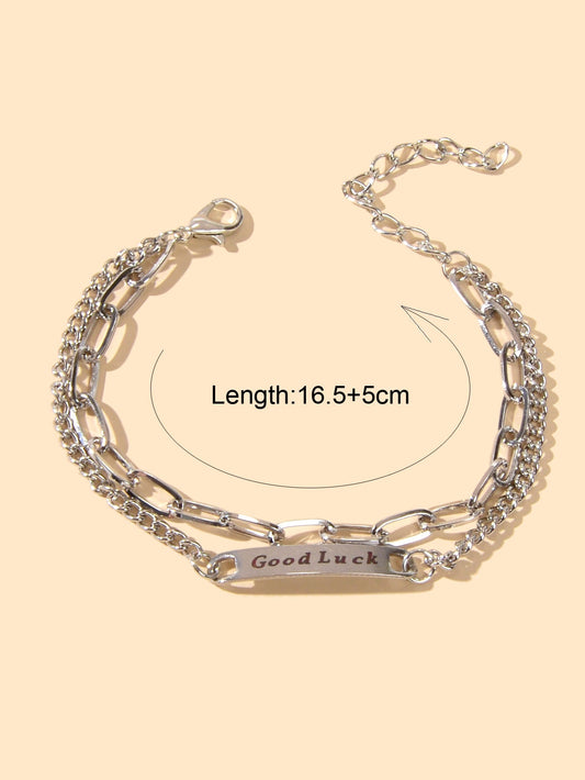 Punk Hip Hop Jewellery Double layer Silver Chain Good Luck Letter Charm Bracelet Feelontop Jewellery