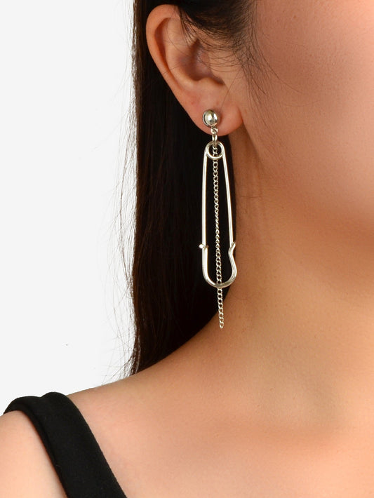 Asymmetric Punk Hip Hop Gold Silver Chain Pin Shape Hoop Stud Statement Earrings Feelontop Jewellery