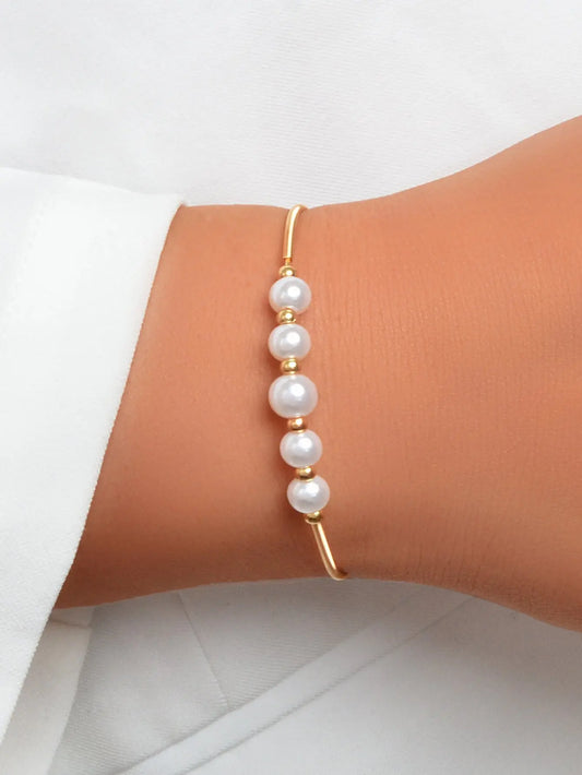 Women Delicate Pearl Decor Cuff Bangle Gold Plated Jewellery Classic Bracelet Feelontop Jewellery