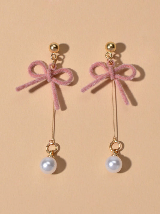 Charming Long Gold Chain Pearl Bowknot Dangle Lightweight Gift Holiday Earrings Feelontop Jewellery