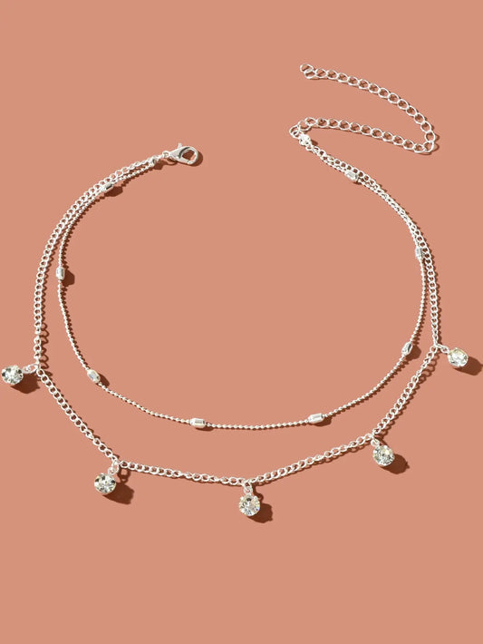 Dainty Adjustable Layer Gold Silver Chain Rhinestone Charm Clavicle Necklace Feelontop Jewellery