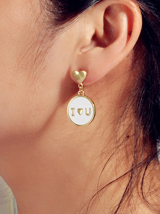 Ladies Jewellery Gold Heart I LOVE YOU Round Dangle Earrings Women Dainty Gifts Feelontop Jewellery