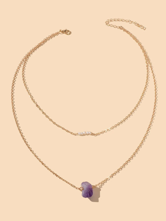 Boho Chic Jewellery Pearl Decor Double layer Chain Purple Stone Pendant Necklace Feelontop Jewellery