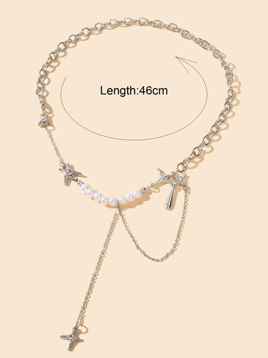 Multiple Silver Chain Star Charm Pearl Decoration Clavicle Necklace Costume Gift Feelontop Jewellery