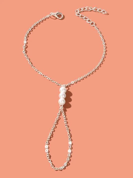 Boho Silver Hand Chain Finger Ring Harness Adjustable Slave Bracelet with Pearl Feelontop Jewellery