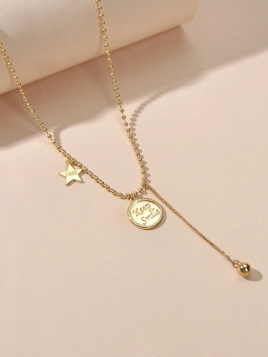 Dainty Party Jewellery Gold Popcorn Chain Luck Letter Star Round Charm Necklace Feelontop Jewellery