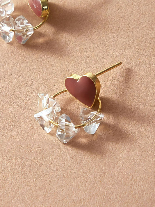 Trendy Ladies Jewellery Transparent Beads Gold Circle Red Heart Stud Earrings Feelontop Jewellery