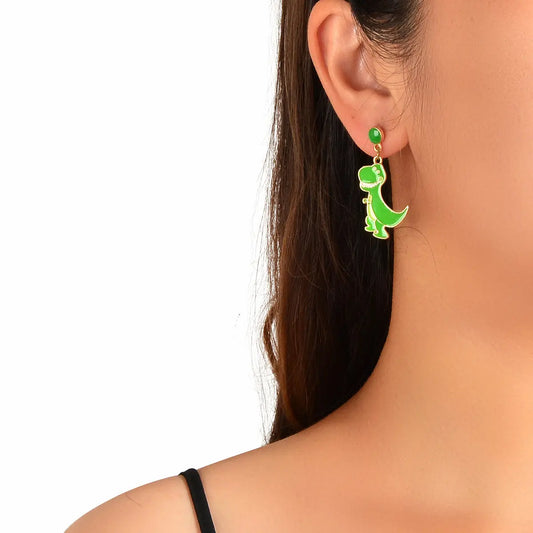 Asymmetrical Cartoon Design Green Beads Enamel Dinosaur Dangle Animal Earrings Feelontop Jewellery