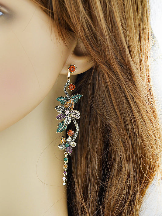 Vintage Luxurious Colourful Rhinestone Antique Gold Flower Long Pendant Earrings Feelontop Jewellery
