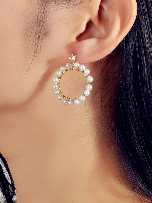 Retro Textured Jewelry Faux Pearl Decor Circle Dangle Earrings for Wedding Party Feelontop Jewellery