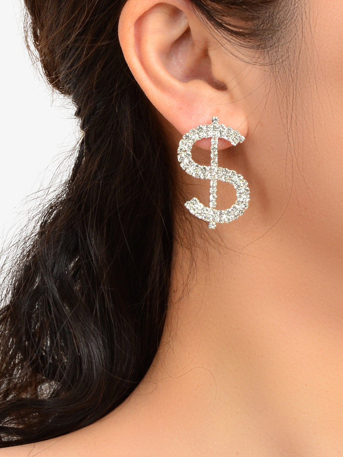 Sparkling Full Rhinestone Decoration Silver Dollar Sign Stud Earrings Lady Gift Feelontop Jewellery