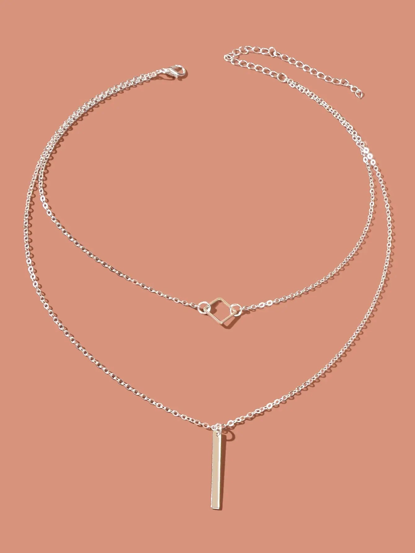 Double Layer Silver Chain Y Style Square Bar Pendant Necklace Party Accessories Feelontop Jewellery