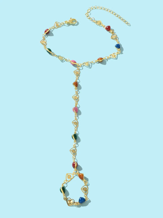 Colorful Heart Gold Chain Ring Wrist Finger Slave Bracelet Bangle Hand Jewellery Feelontop Jewellery
