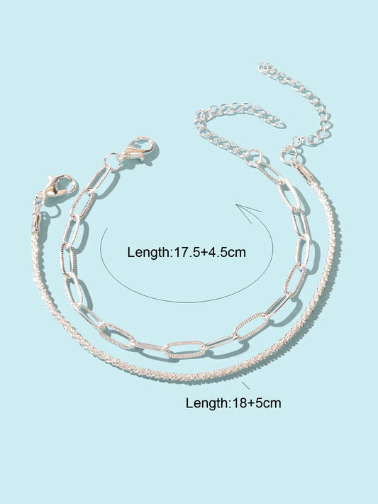 2 pcs Layered Initial Silver Link Chain Bracelets Women Girls Hand Accessories Feelontop Jewellery