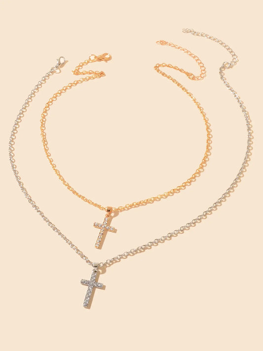 2 pcs Gold Silver Chain Rhinestone Cross Matching Necklace Lovers Couples Gift Feelontop Jewellery