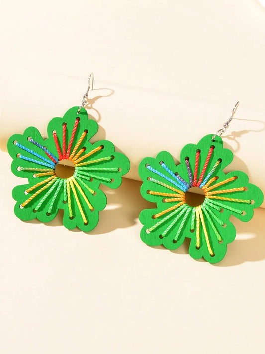 Boho Handmade Jewellery Colorful Rope Braided Green Flower Wood Holiday Earrings Feelontop Jewellery