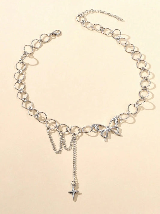 Silver Chain Star Butterfly Fringe Necklace Tassel Collar Accessories Jewellery Feelontop Jewellery