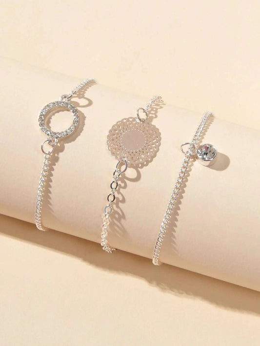 3 pcs/set Fashion Jewellery Silver Chain Rhinestone Circle Charm Bracelet Gift Feelontop Jewellery