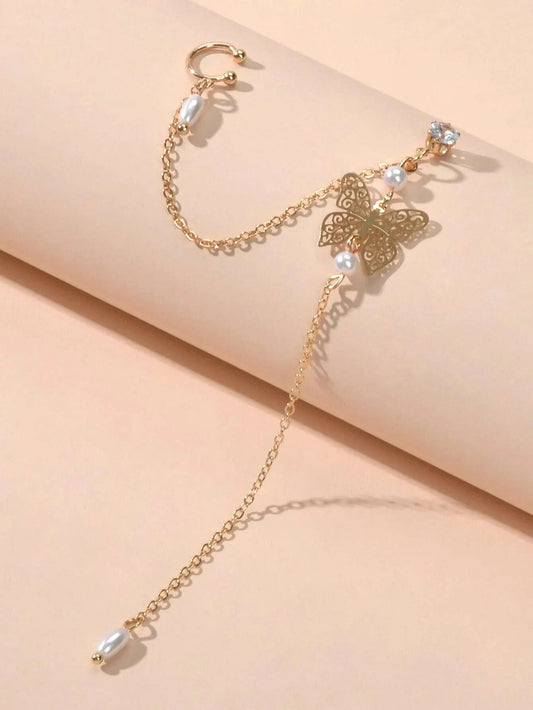1pc Crystal Pearl Butterfly Long Chain Cartilage Stud Earring Stunning Ear Cuff Feelontop Jewellery