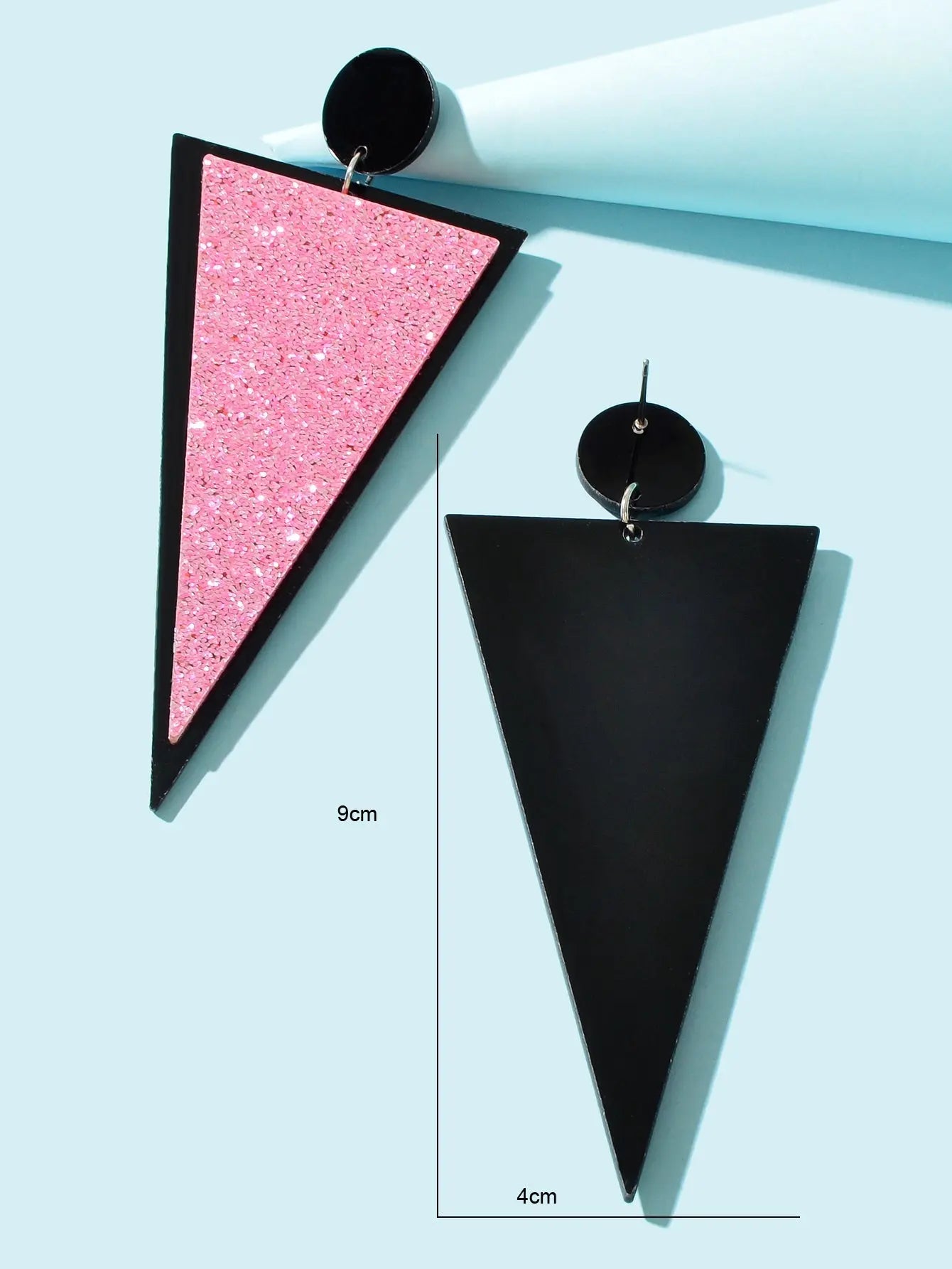 Shining Pink Sequin Decor Acrylic Triangle Geometric Dangle Earrings for Party Feelontop Jewellery
