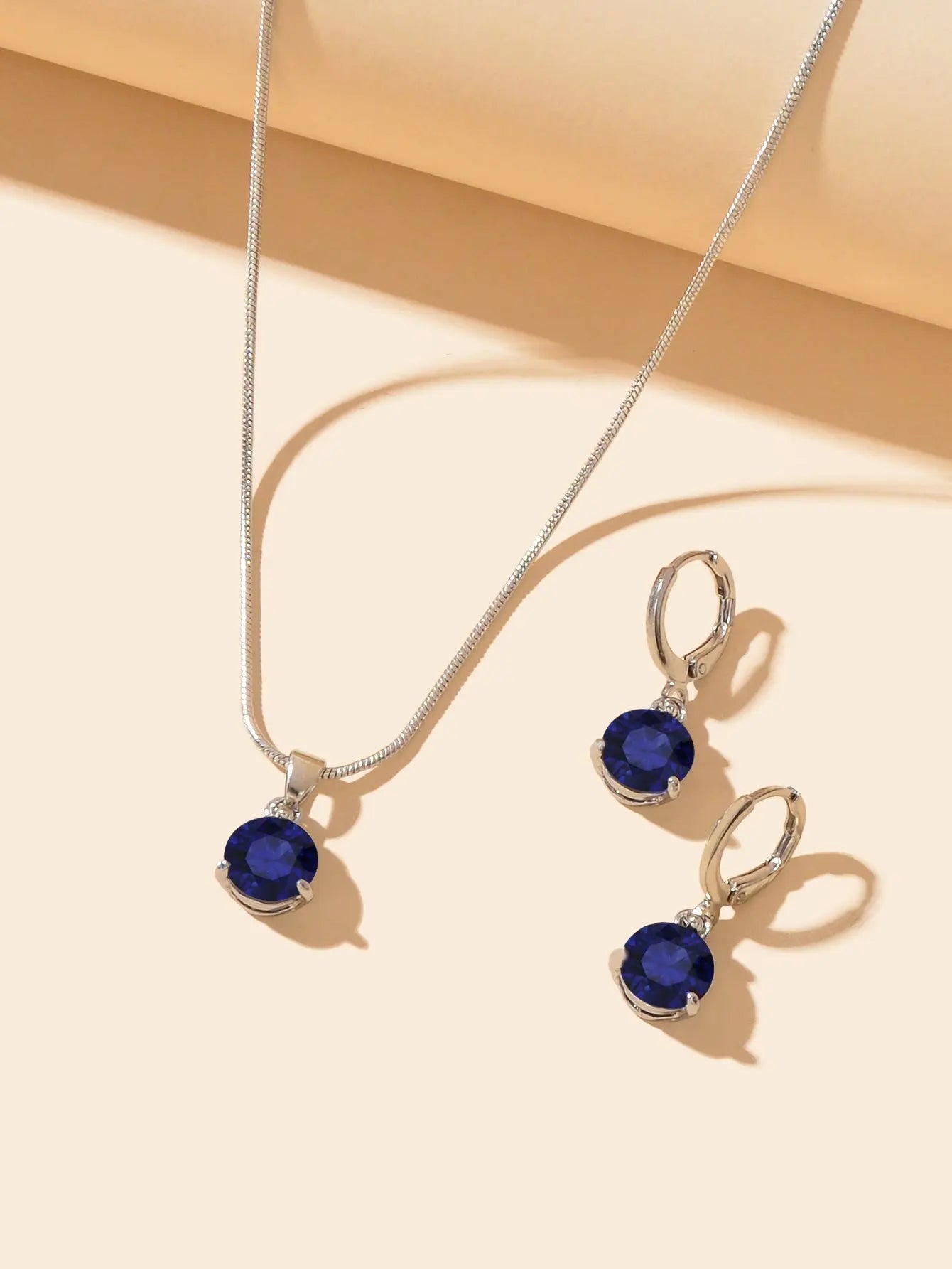 Round Navey Blue Imitation Gem Pendant Necklace Huggie Earrings Jewellery Set Feelontop Jewellery
