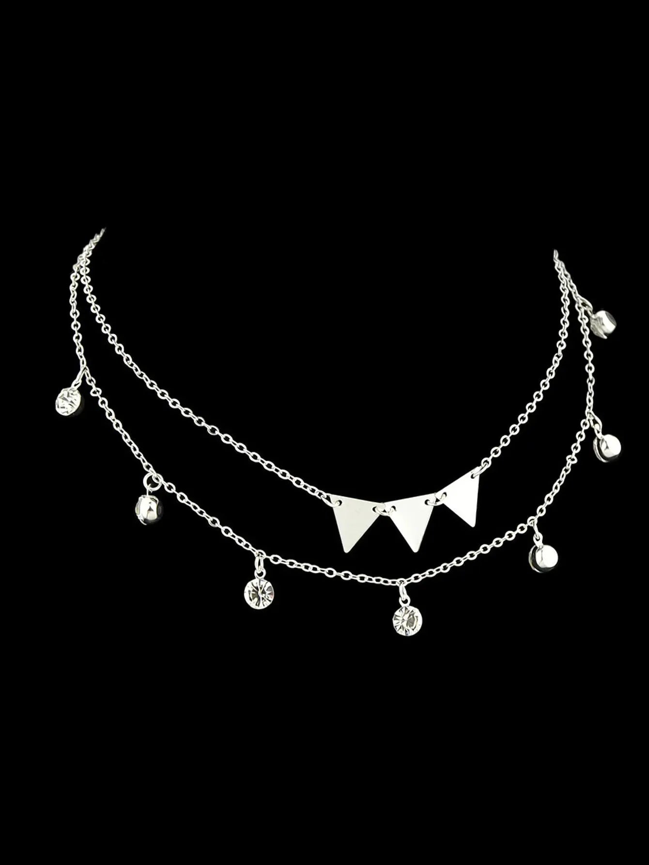 Trendy Jewellery Double layer Silver Chain Rhinestone Triangle Pendant Necklace Feelontop Jewellery