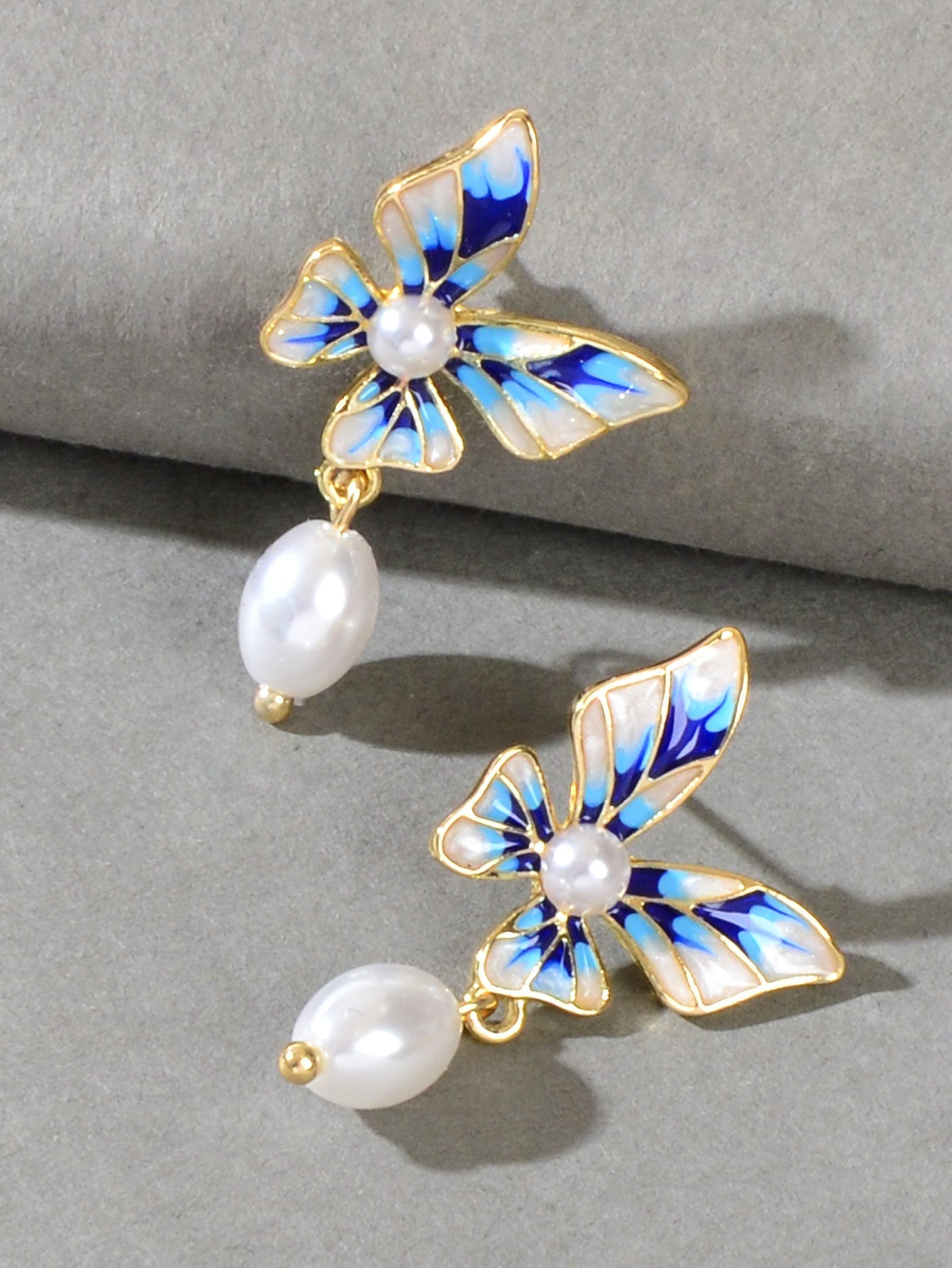 Trendy Dangle Pearl Blue White Enamel Butterfly Hypoallergenic Pierced Earrings Feelontop Jewellery