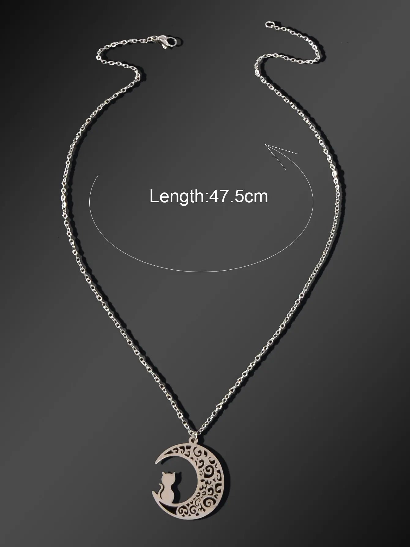 Party Jewelry Gift Silver Chain Stainless Steel Hollow Moon Cat Pendant Necklace Feelontop Jewellery