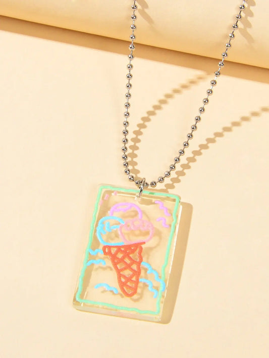 Long Silver Chain Resin Ice Cream Square Charm Necklace Best Friends Funny Gift Feelontop Jewellery