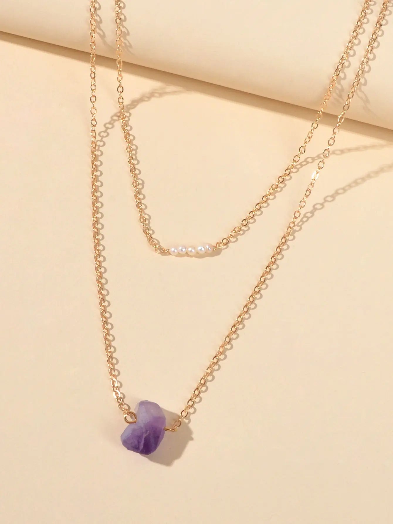 Boho Chic Jewellery Pearl Decor Double layer Chain Purple Stone Pendant Necklace Feelontop Jewellery