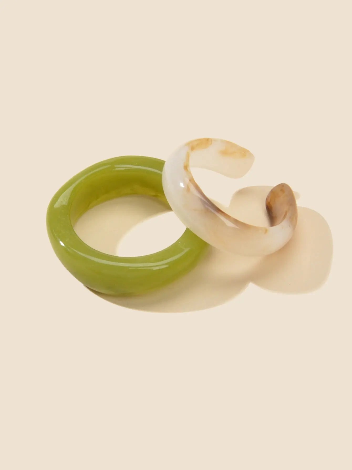 Stackable 2 pcs Beige Green Resin Chunky Multiple Bulk Pack Boho Chic Ring set Feelontop Jewellery
