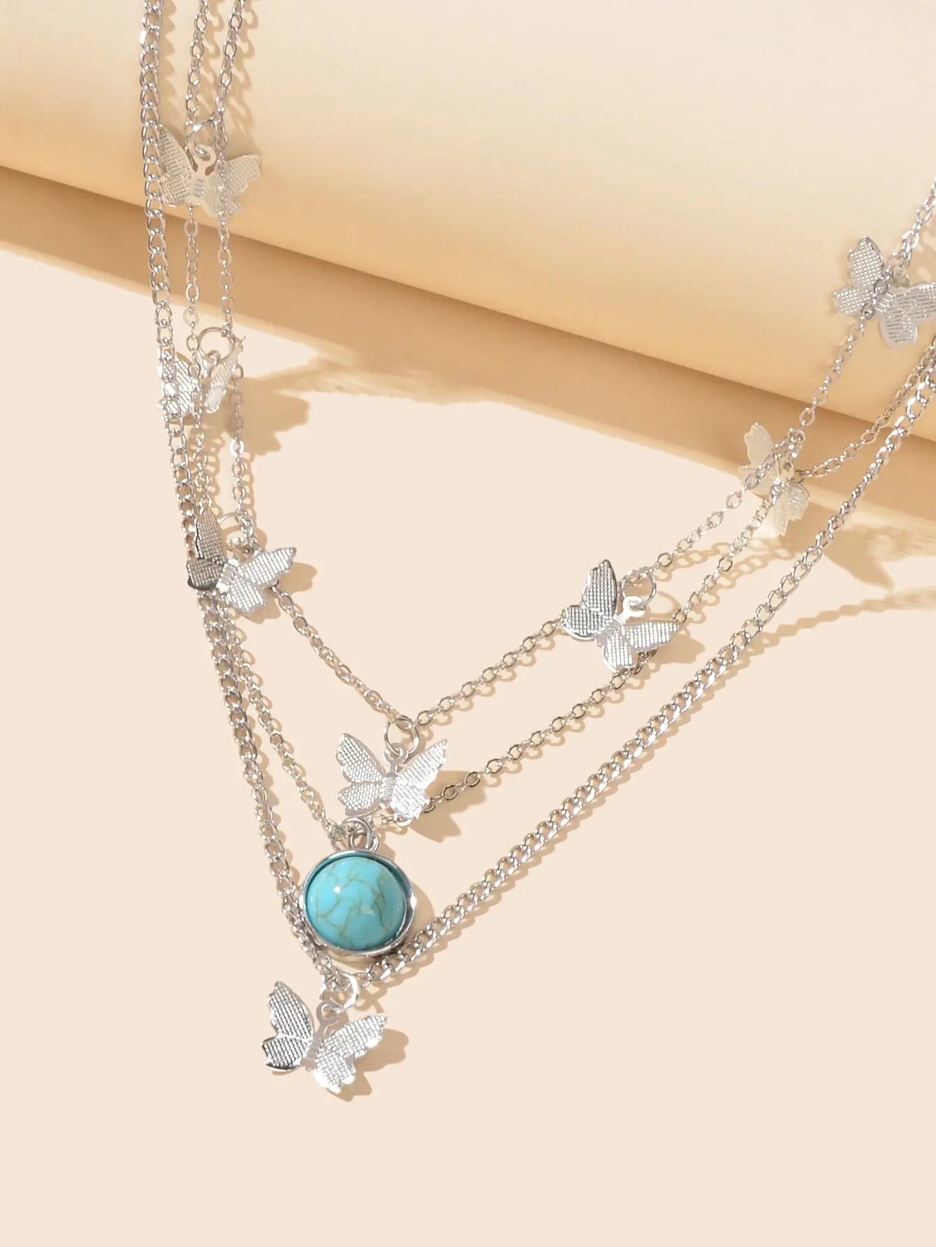 Ethnic Silver Multi-layer Chain Butterfly Turquoise Collar Bohemian Necklace Feelontop Jewellery